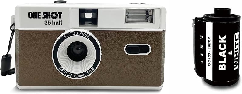 1 Shot Point and Shoot 35mm Film Camera, Reusable Retro Half Frame Camera, Built in Flash, Included One Roll ASA/ISO 400 Black & White Film 18 Exp., (36 Shots) Battery Not Included (Brown Color)