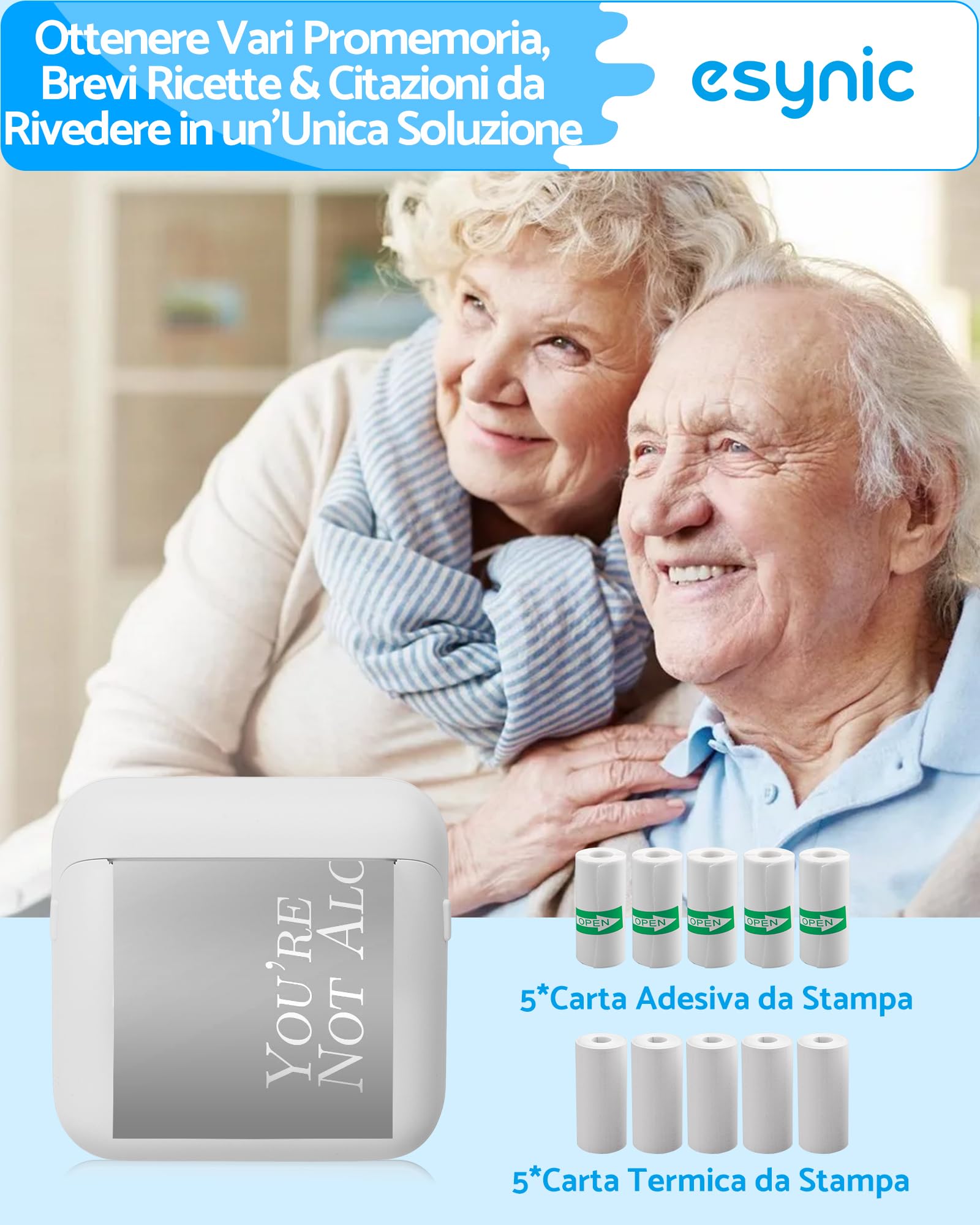 eSynic Mini Stampante Termica Portatile Bluetooth Ricaricabile Bianco con 10 Rotoli Carta e 6 Pennarelli