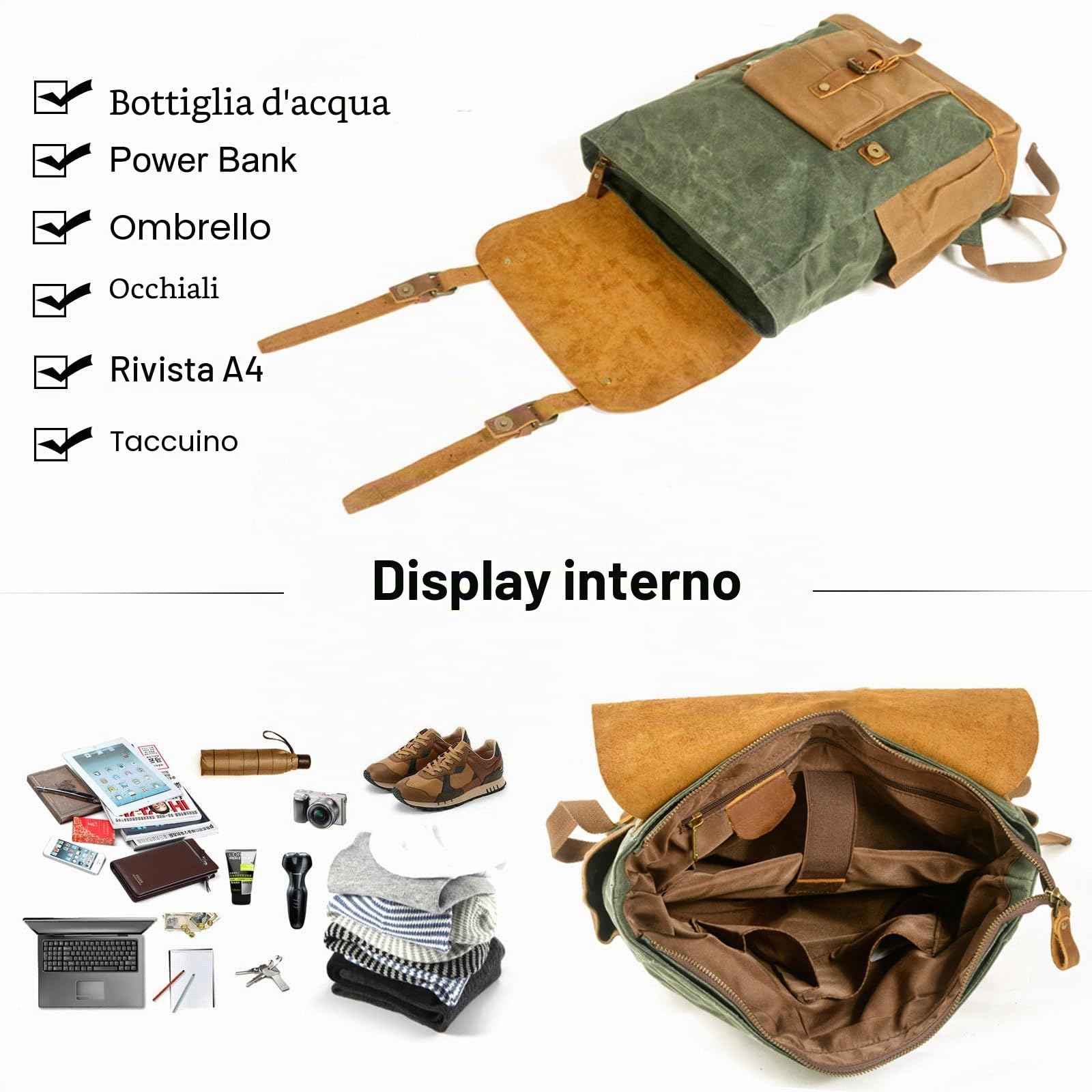 FANDARE Zaino da viaggio Zaini da escursione Borsa da Viaggio Tela Zaino da Escursionismo Uomo Donna Zaini Zainetto Trekking Borsa a tracolla Cartella per Viaggio Zaini da hiking Verde