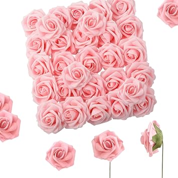 Artificial Flowers, 25pcs Blush Pink Fake Roses with Stems for DIY Wedding Decor Bridal Bouquets Party Centerpieces, Foam Artificial Roses for Home Flower Arrangement Craft Table Decoration