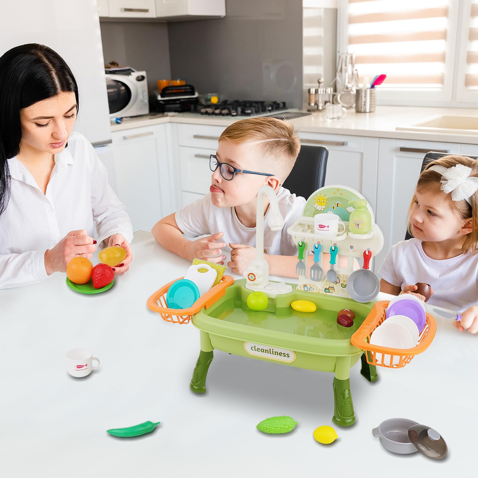 Lavello giocattolo con acqua di rubinetto,Lavandino Giocattolo per Bambini,Set di giocattoli da cucina con rubinetto funzionante con Portapiatti e Giocattoli Alimentari per ragazzi ragazze 3 4 5 6