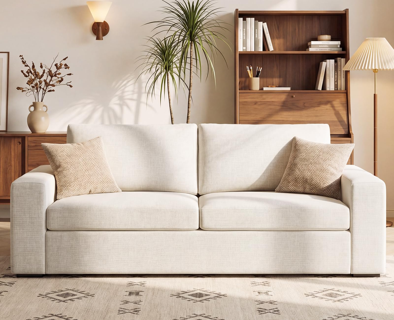 Modernes Sofa für Wohnzimmer, bequem, 2-Sitzer mit breiten Armlehnen, dicker, atmungsaktiver Leinenstoff, ideal für Wohnung und Büro, 210 cm