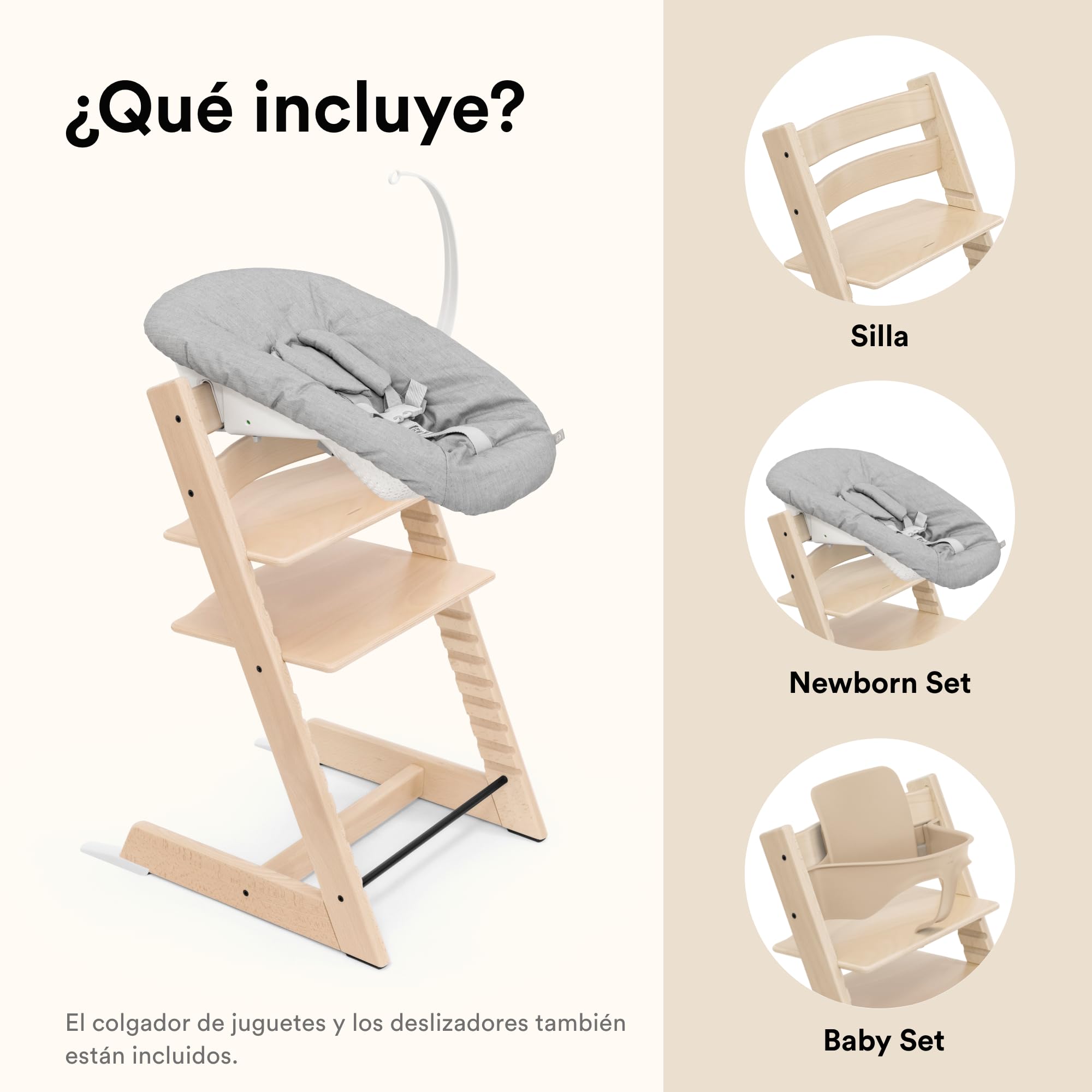 Trona Tripp Trapp de Stokke, Natural (Incluye Silla + Baby Set 2) con Newborn Set (Grey) - Diseño Seguro, Ajustable y Ergonómico