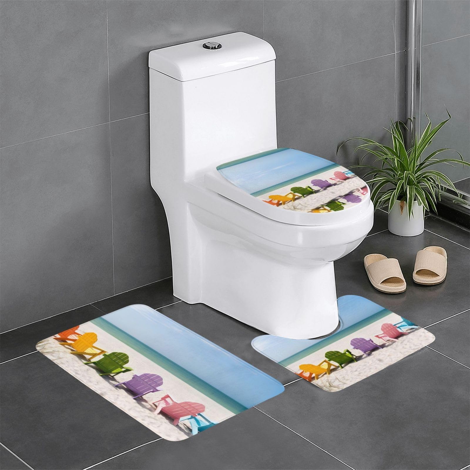Tapis de salle de bain lot de 3 imprimé mer et ciel bleu pour déco maison