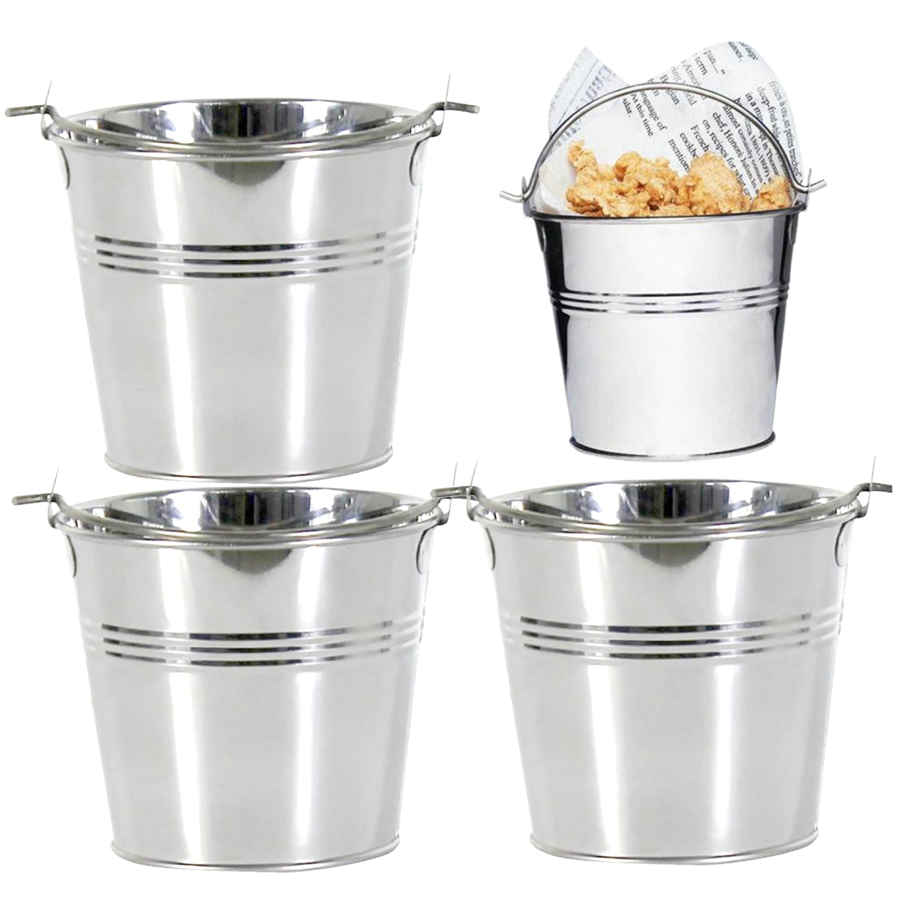 Gcroet Chip Baskets for Serving Fries, 4PCS 4x3.5 Stainless Steel Tin Bucket, Large Opening Metal Pail with Handle, Mini Buckets for Snacks, Party Favors