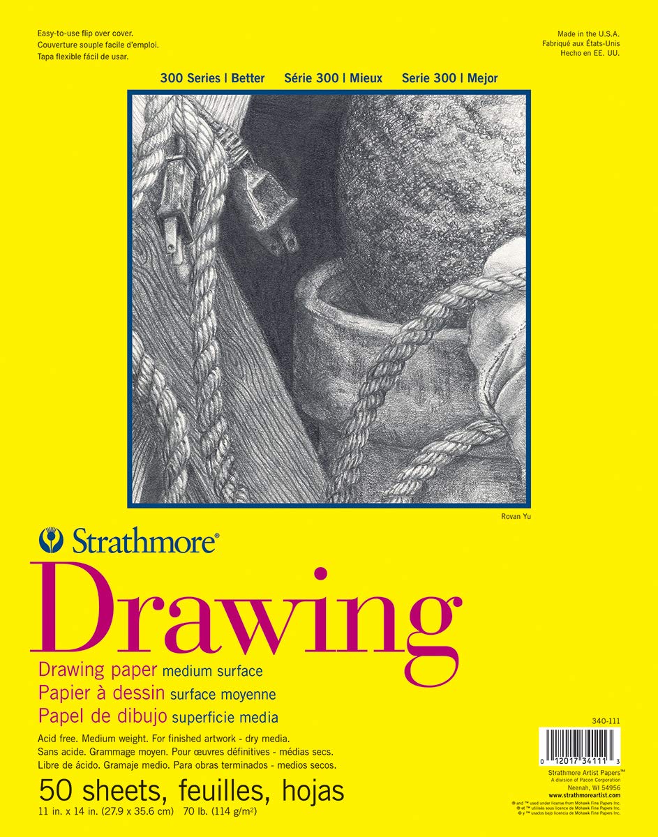 Strathmore 300 Series Drawing Paper Pad, Glue Bound, 11x14 inches, 50 Sheets (70lb/114g) - Artist Paper for Adults and Students - Charcoal, Colored Pencil, Ink, Pastel, Marker