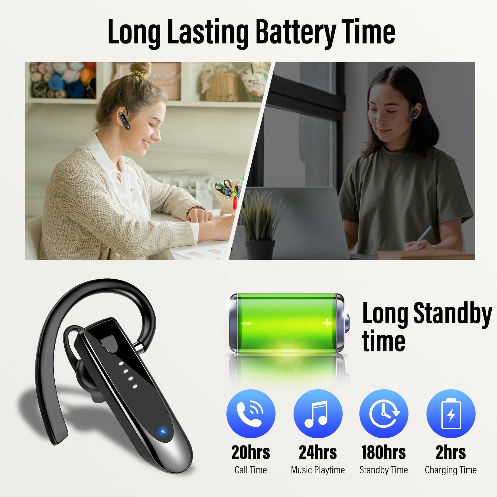 Atheewon Bluetooth Headset Wireless Freisprech Telefon mit Headset mikrofon Freisprech-Bluetooth-Ohrhörer mit 20 Std Sprechzeit, 180 Std Standby, Handy Headset für Business/Büro/Autofahren, Schwarz