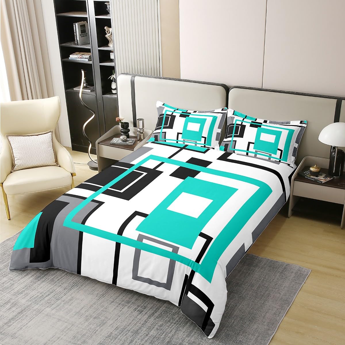 Homewish Natural Cotton Turquoise Geometric Duvet Cover Black White Teal Grey Bedding Sets Super King Size - Image 3