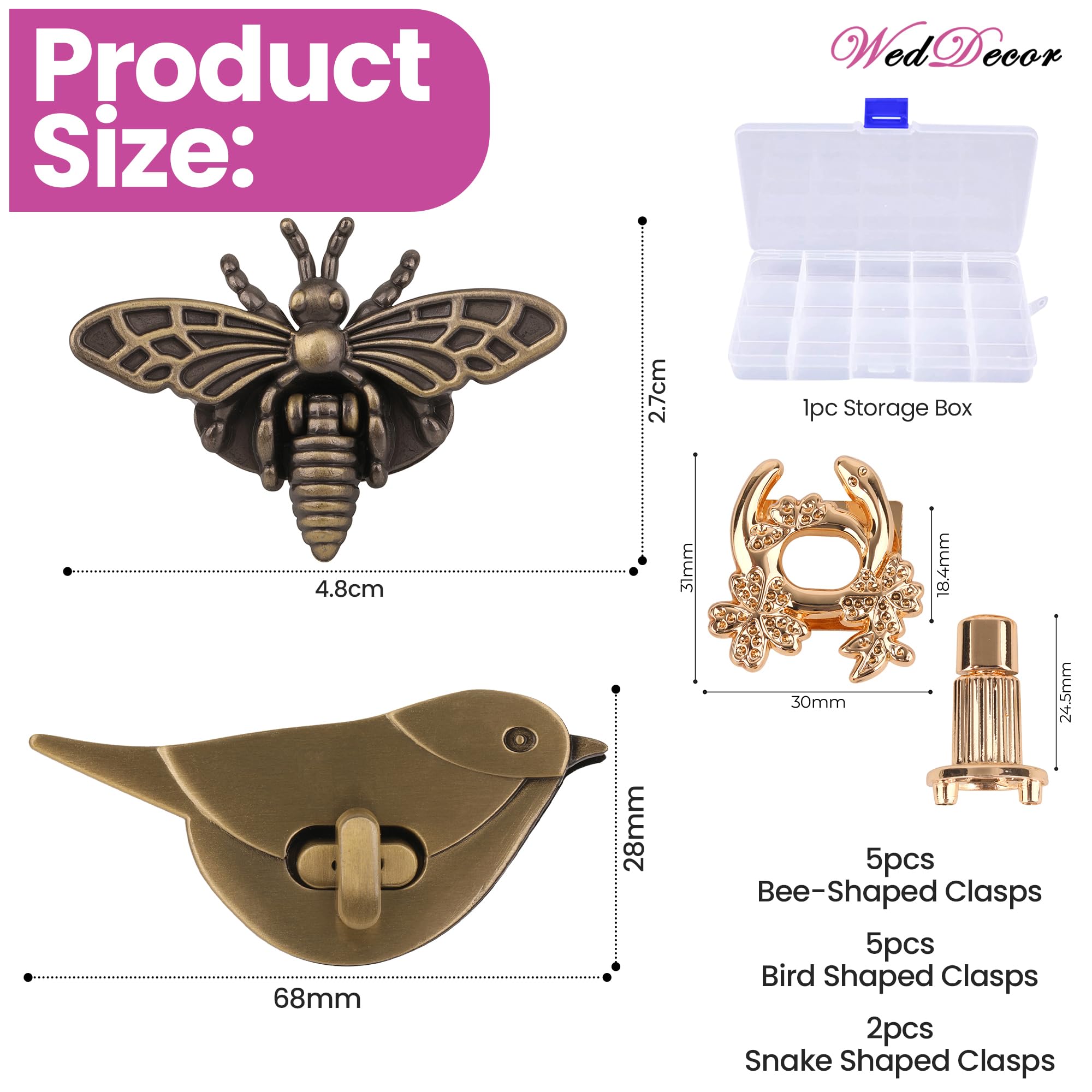 WedDecor Fantazyjny zestaw zamków skręcanych do torebki, wysokiej jakości stop ptak pszczoła wąż design zapięcia, dekoracyjne zapięcia do torebki, retro wykończenie zasuwy do torby, materiały do