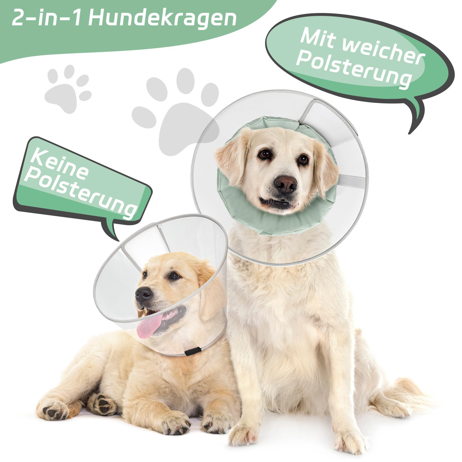 Supet Halskrause Hund nach Operation mit weichem Polster, transparente Genesungshalskrause für große, mittlere und kleine Hunde nach Kastration, bei Wunden & Hautpflege(Grün,L)
