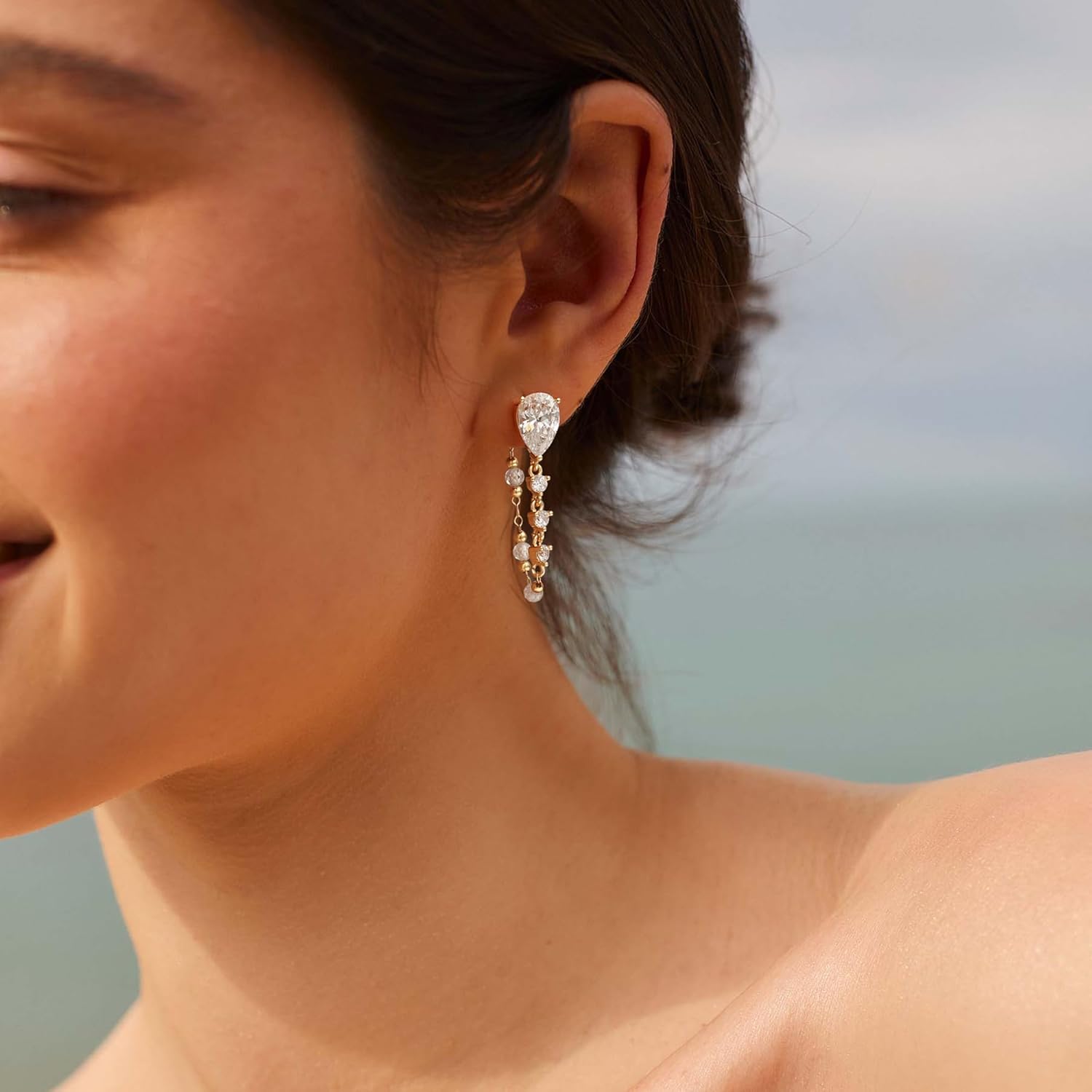 14K Gold Plated Dangle Earrings for Women, Hypoallergenic Long Chain Drop Earrings, Dainty CZ Teardrop Earrings, Trendy Elegant Wedding Jewelry Gifts for Women - Image 2