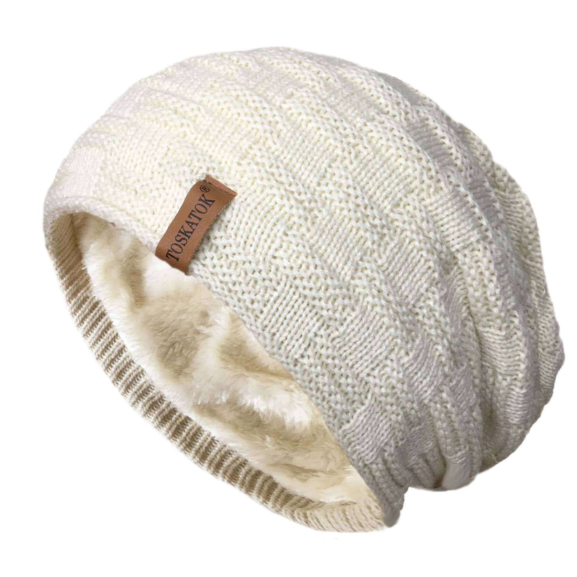 Toskatok Men's Cream Toskatok® Unisex Warm Winter Textured Knit Thermal Insulation Slouch Beanie Hat With Cosy Faux Fur Teddy Fleece Liner