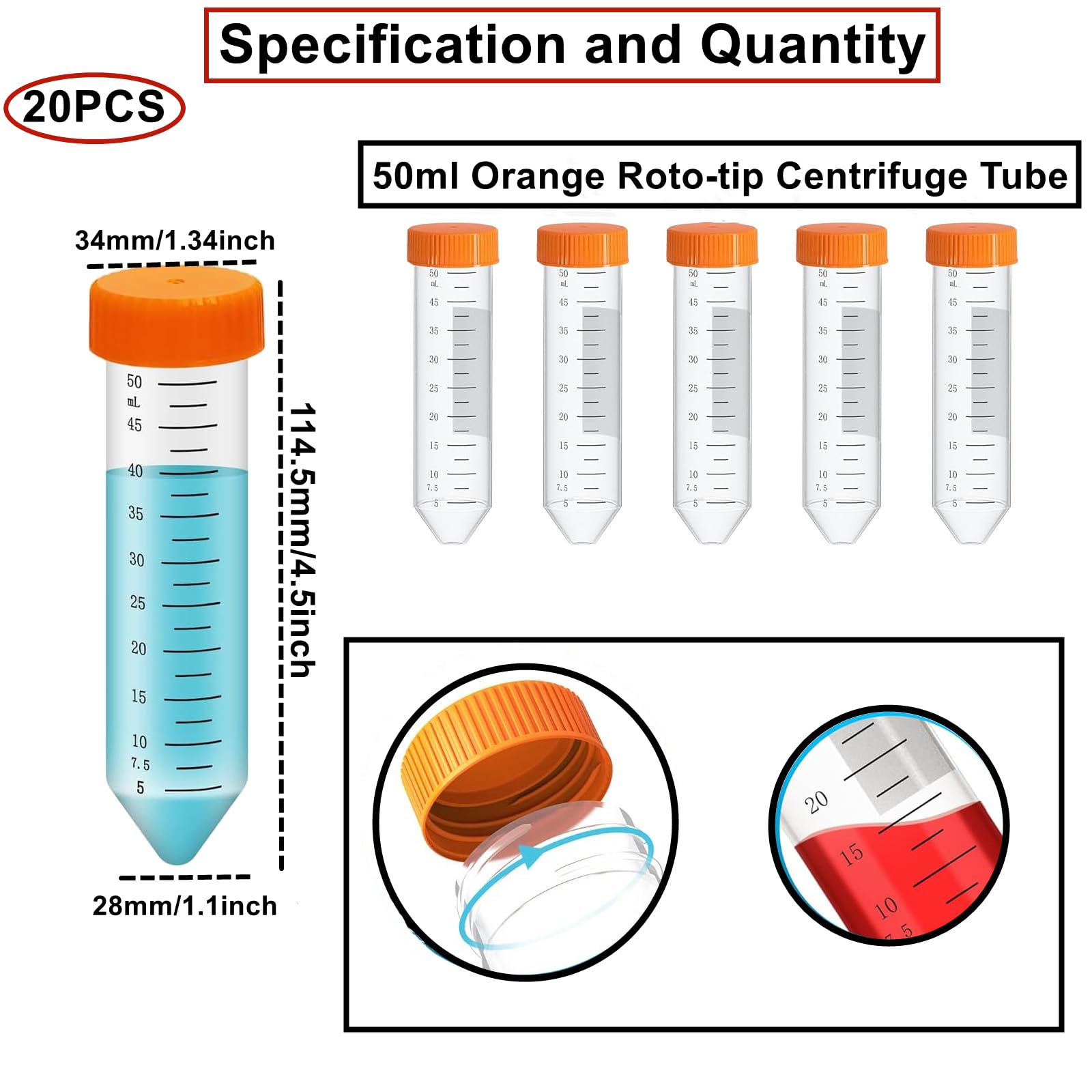 HUAZIZ 20 stuks reageerbuisjes van 50 ml, kunststof, transparante buis met oranje deksel, getrapte centrifugale buis, conische markeringen voor chemische experimenten