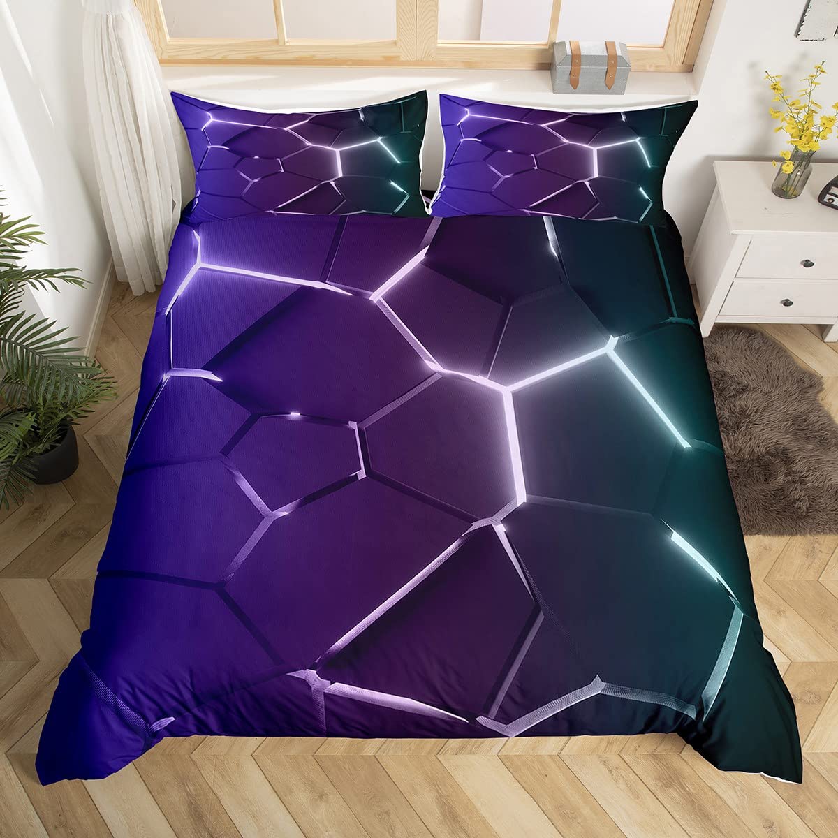 Homemissing Honeycomb Duvet Cover Hexagonal Bedding Set for Kids Beehive Geometrical Plaid Bedding Ultra Soft Decor Gradient Reticulated Bedspread Cover Super King Size Zipper