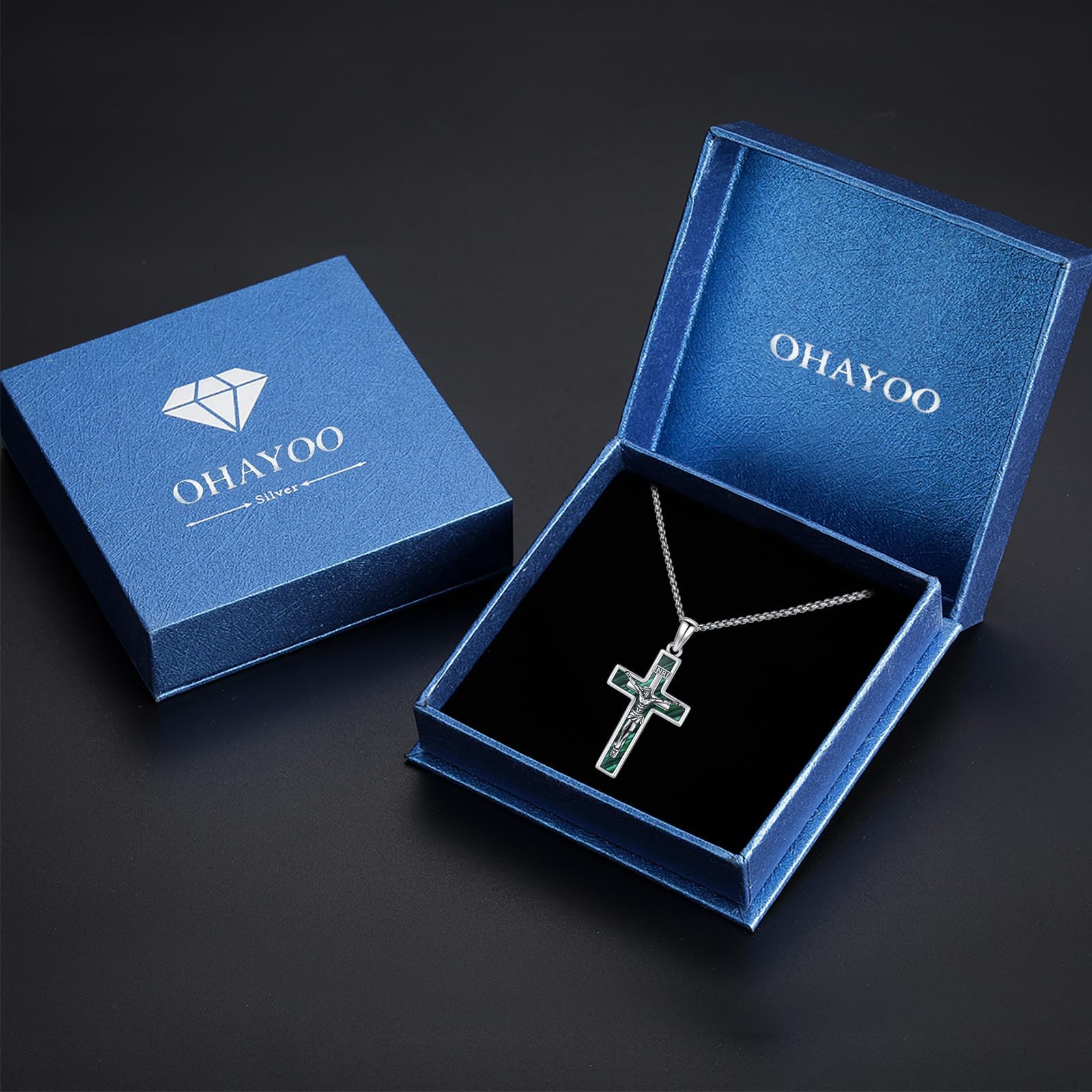 OHAYOO Cadena de cruz para hombre – Crucifijo de plata 925 colgante con abulón/turquesa/malaquita/lapislázuli y cadena de acero inoxidable – Cadena de plata cristiana para hombres