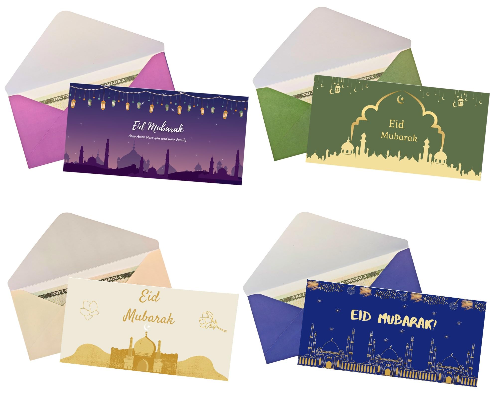 20 Eid Mubarak Envelopes 4 Styles Eidi Envelopes for Cash for Kids for Eid Al-Fitr or Eid Al-Adha 6.3" x 3.1"