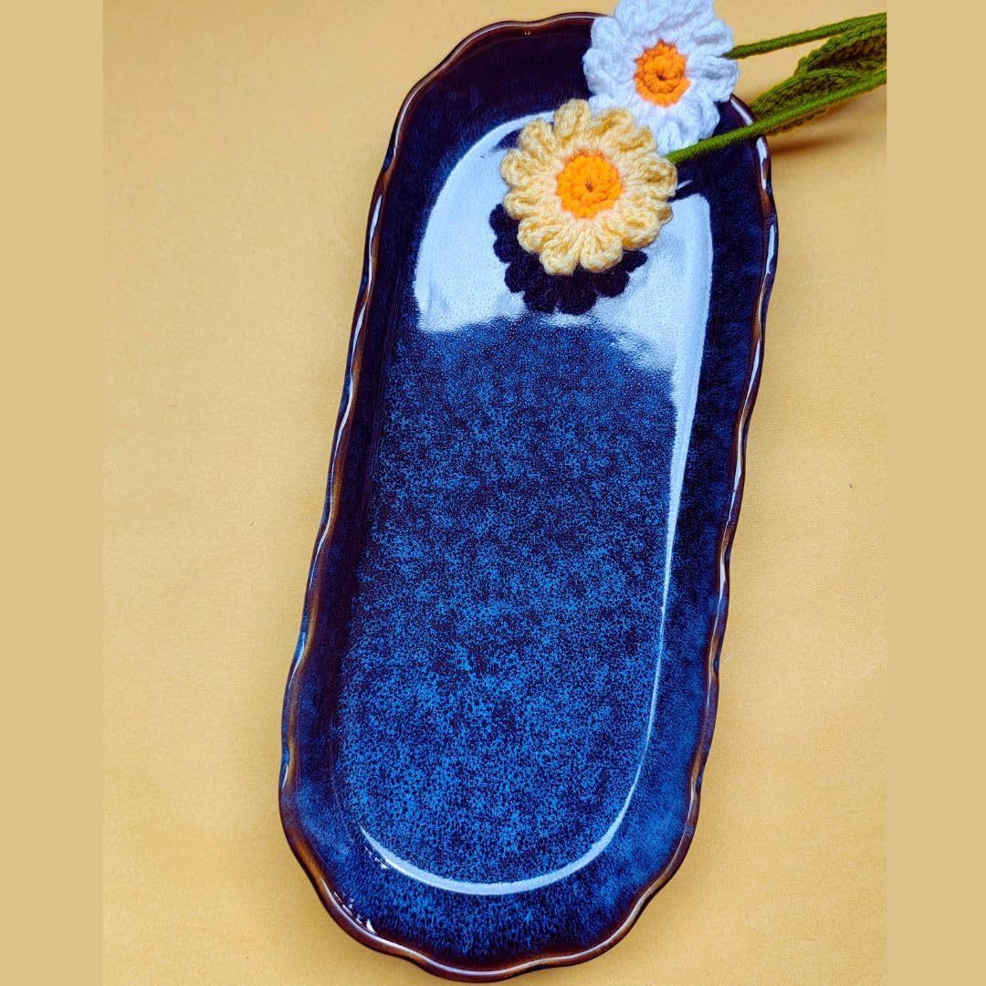 YUGO Ceramic Royal Blue Platter | Ceramic Snack Tray | Blue Stoneware Big Serving Platter| Snack Serving Plate| Serving Dish