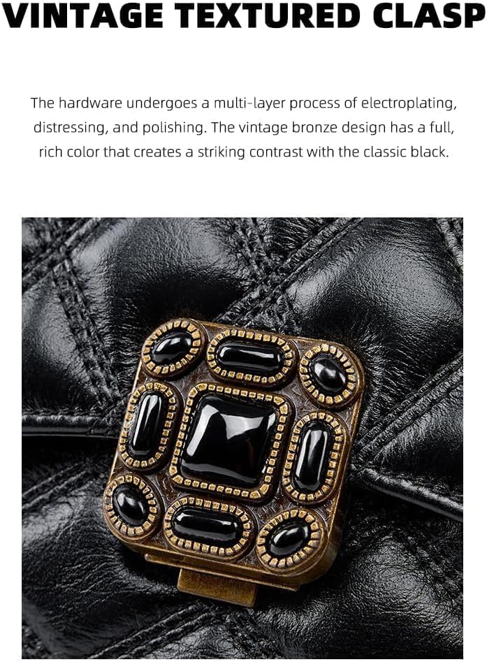 Quilted Genuine Leather Crossbody Bag for Women, Small Shoulder Purse with Vintage Statement Clasp, Adjustable Chain Strap, Black - Image 4