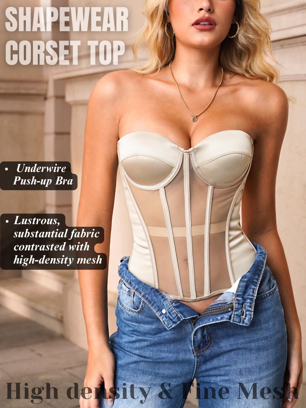 Kaei&Shi Strapless Sheer Mesh Corset,Push Up Shapewear Corsets Top For Women Lace Up Fit Size 0-16 - Image 2