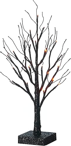 Miniatura 4 de Hairui Árbol espeluznante de mesa iluminado con purpurina negra con luces naranjas, 24 LED de 18 pulgadas, para decoración de bruja de Halloween,