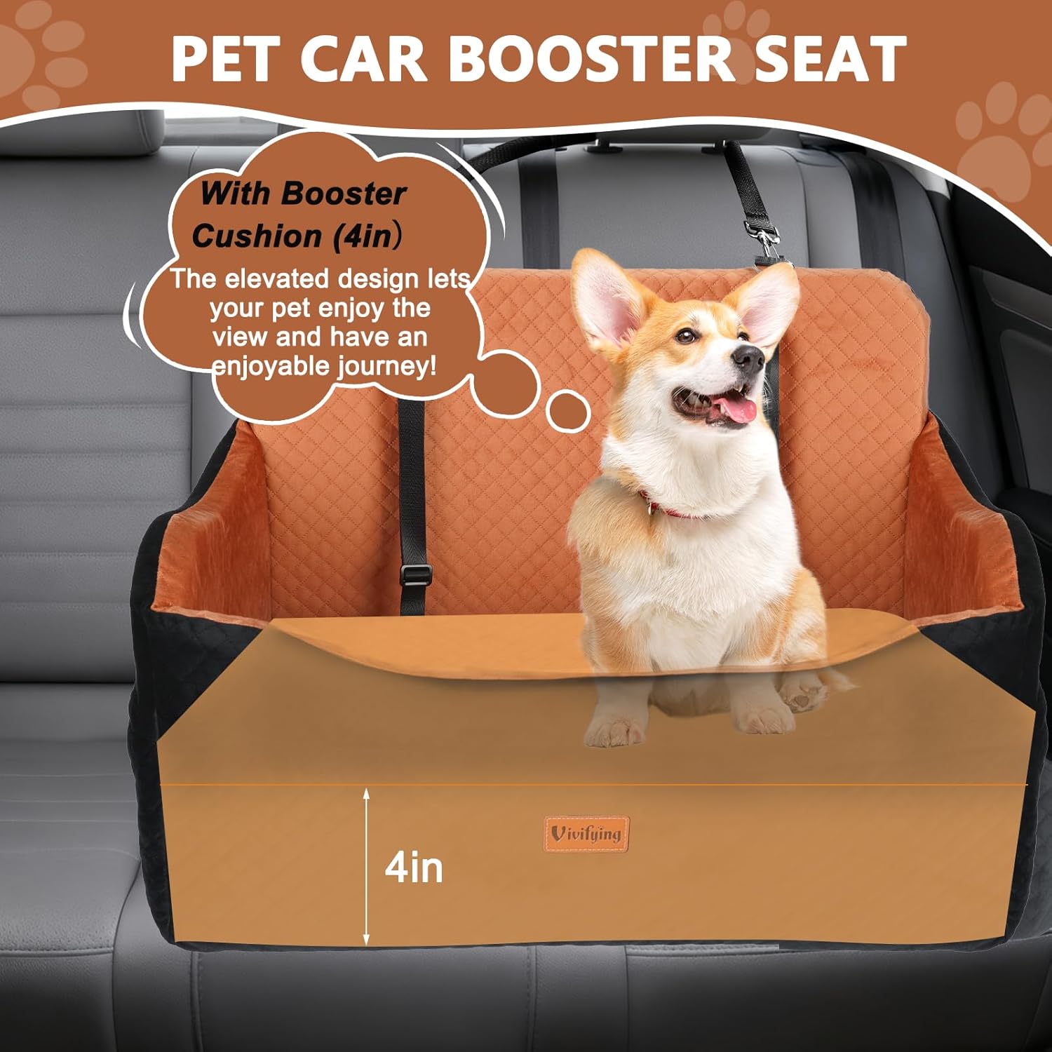 Vivifying Dog Car Seat for Back Seat, Booster Travel Bed for Medium Large Dogs or 2 Small Dogs, 4" Raised Foam Cushion, Safety Leash & Washable Cover, Soft Dog Booster Seat for Cars, Trucks & SUVs