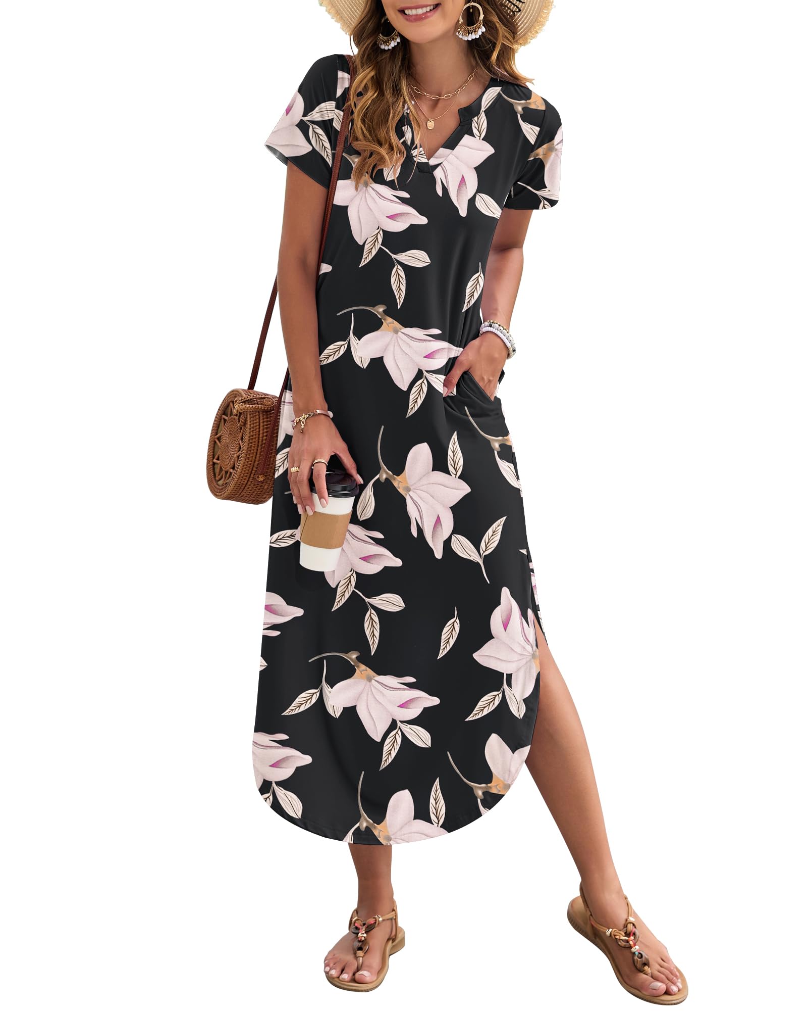 AUSELILY Damen Sommer Maxikleid Kurzarm V-Ausschnitt Lockeres Strandkleid mit Seitenschlitz für Urlaub