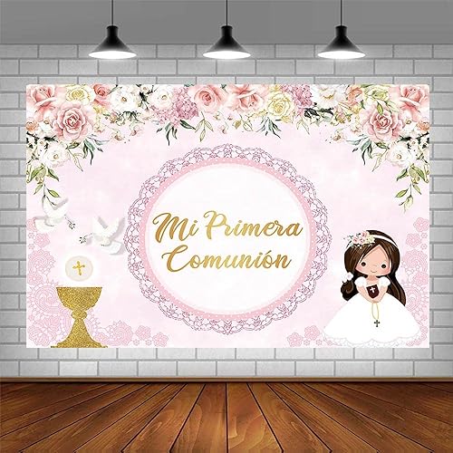 Miniatura 3 de Telón de fondo de bautismo de 8 x 6 pies para niño Mi Primera Comunión Bautizo Fotografía Fondo Dios bendiga Primera Comunión Banner Palomas Cáliz