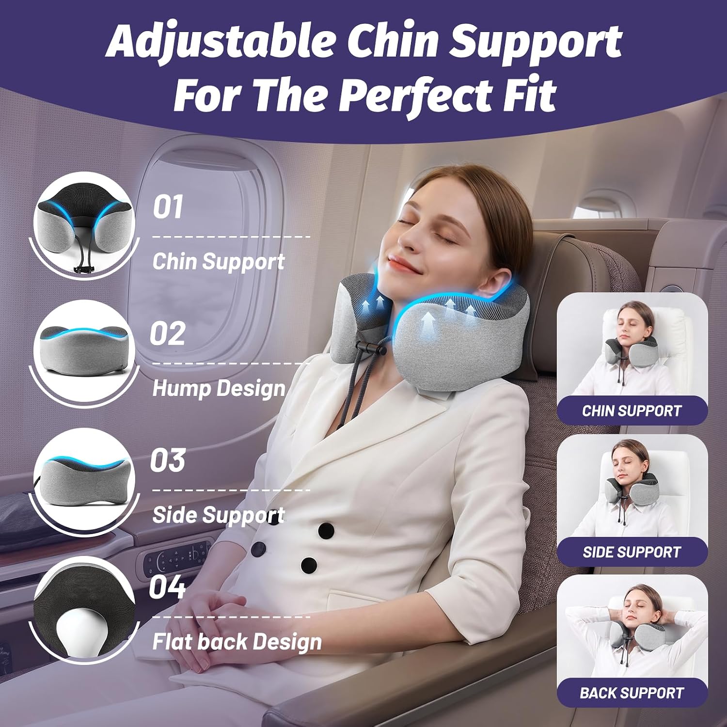 Travel Neck Pillow, Ergonomic Memory Foam Reading Pillow for Ncek Support Travel Sleeping, Airplane Pillow for Long Flight woth Soft Massage Granules & Fold- Grey