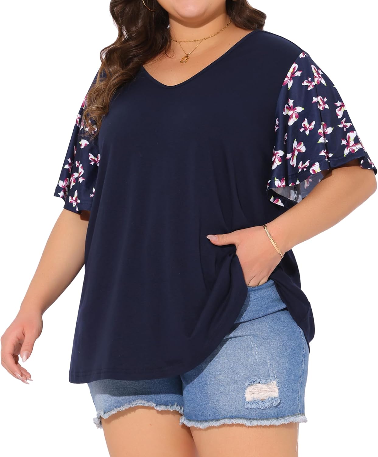 Agnes Orinda Women's Plus Size t Shirt Tops V Neck Floral Flutter Short Sleeve Summer Blouse Tops Casual 2025 - Image 2