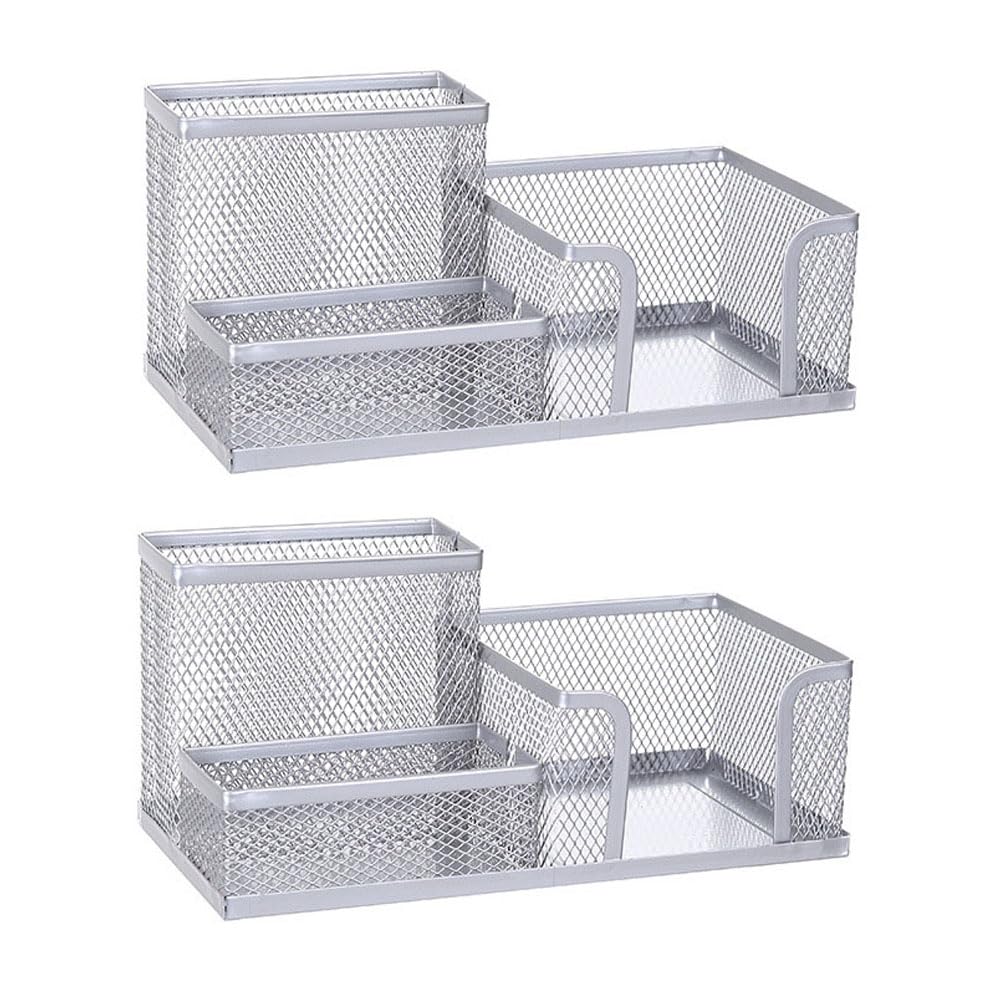 Porte-stylos pour bureau en métal : lot de 2 organiseurs à 3 compartiments avec porte-notes