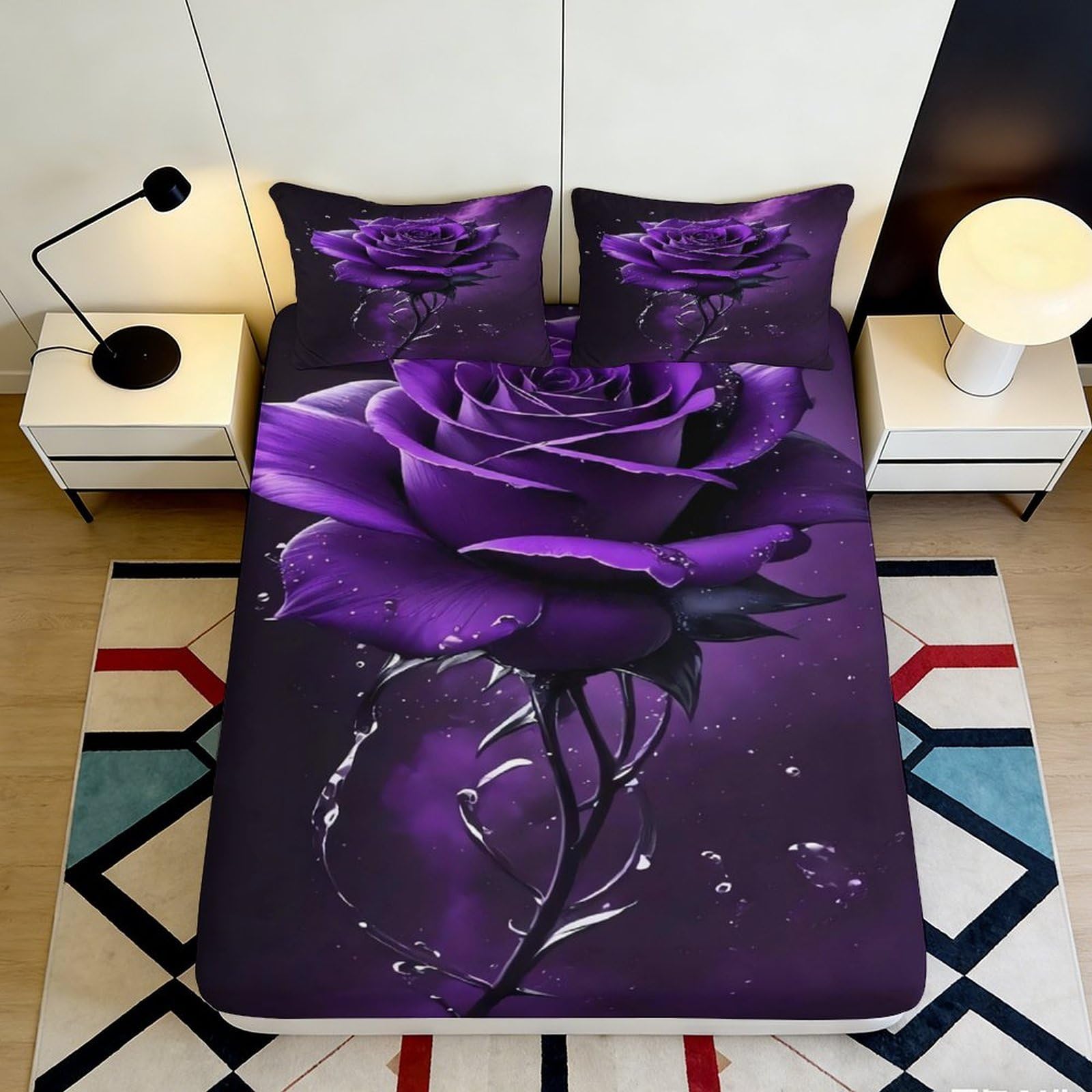 3D Printed Purple Rose Fitted Sheet Microfiber Soft Decor Waterdrop Bed Cover for Bedroom Guest Room Mattress Protection 90x200x25cm