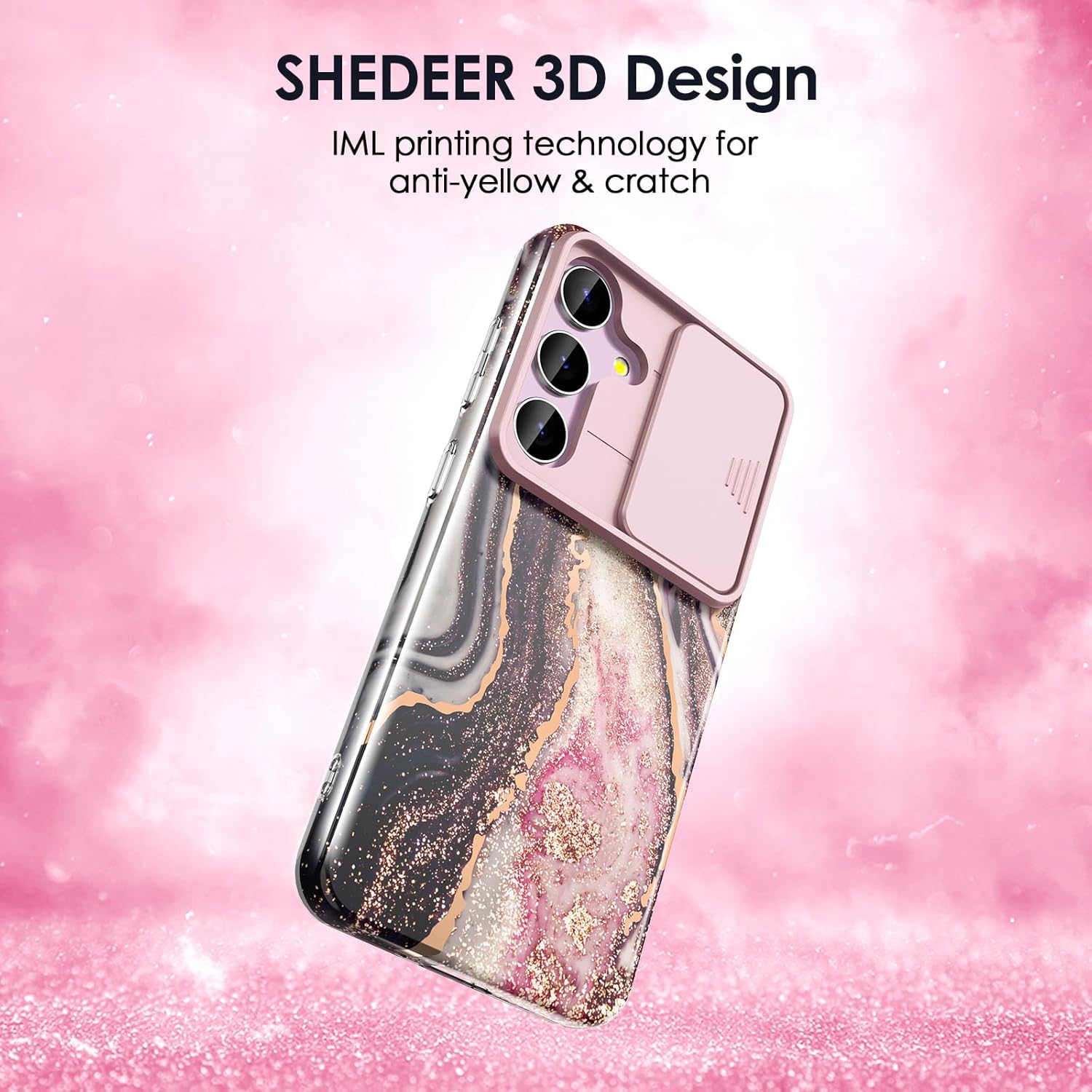 SHEDEER for Samsung Galaxy S25 Case with Slide Camera Cover + Screen Protector, Samsung S25 Case TPU Shockproof Slim Thin, Chic Glossy Fade-Resistant Pattern Phone Case Cover for Galaxy S25, Black