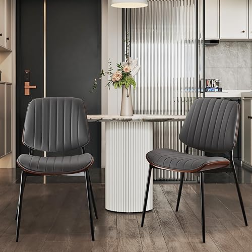 Juego de 2 sillas de comedor modernas con respaldo de nogal y patas de metal, silla tapizada de cuero para sala de estar, color gris