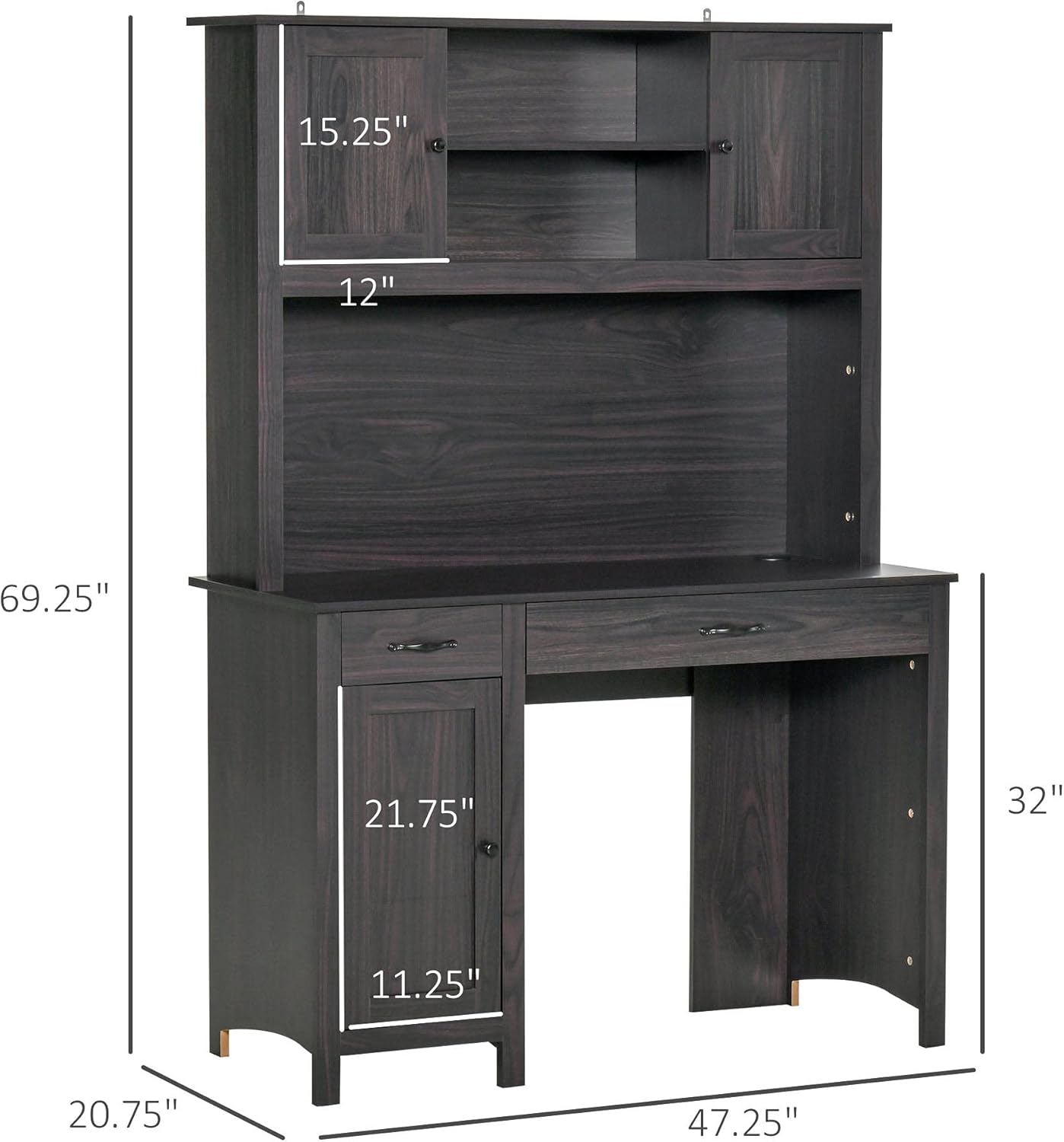 Diagram showing the dimensions of the HOMCOM Computer Desk with Hutch