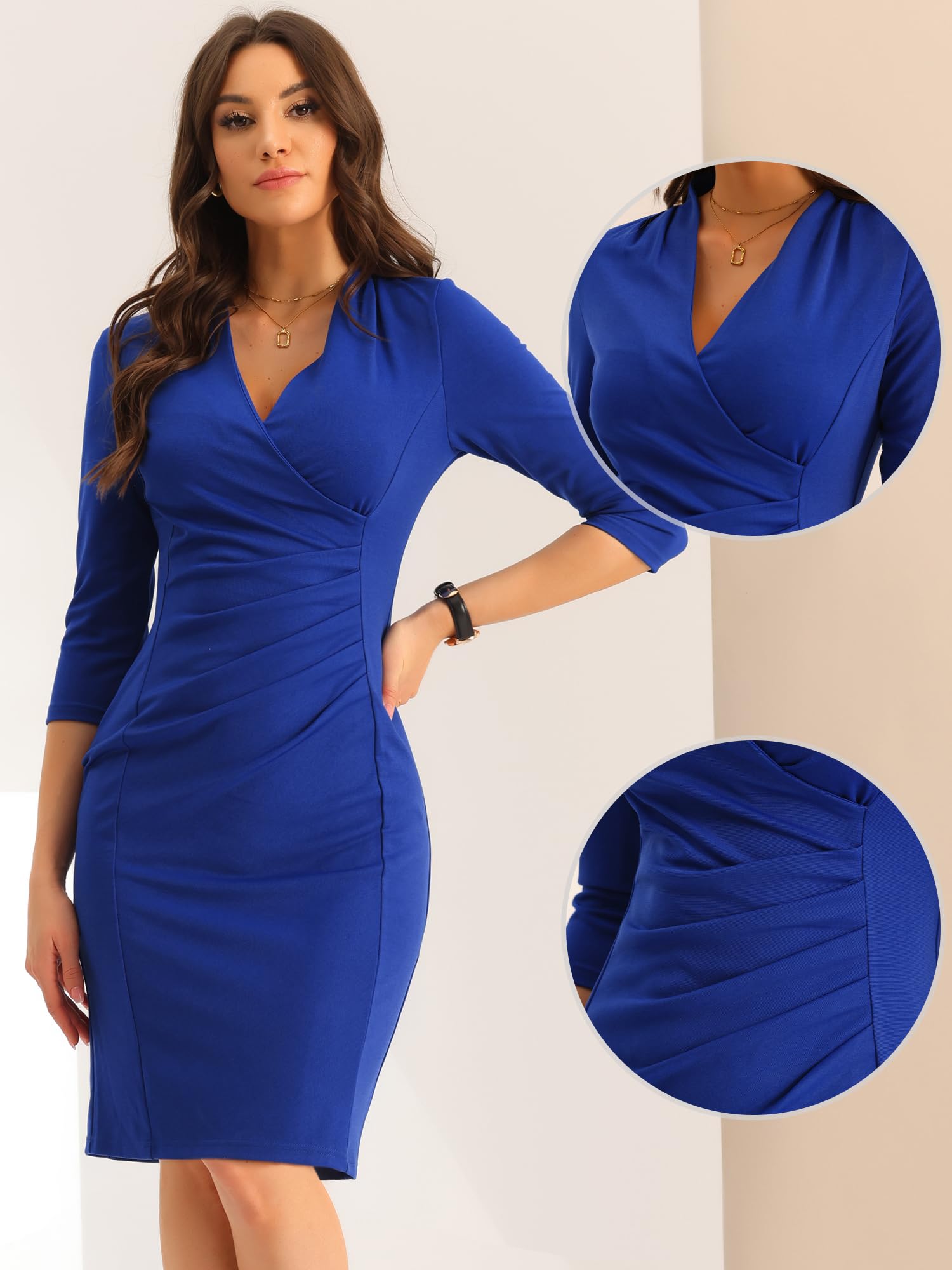 Allegra K Mujer Vestido Formal De Lápiz Media Manga Cuello En V Fruncido Vestido De Trabajo De Oficina