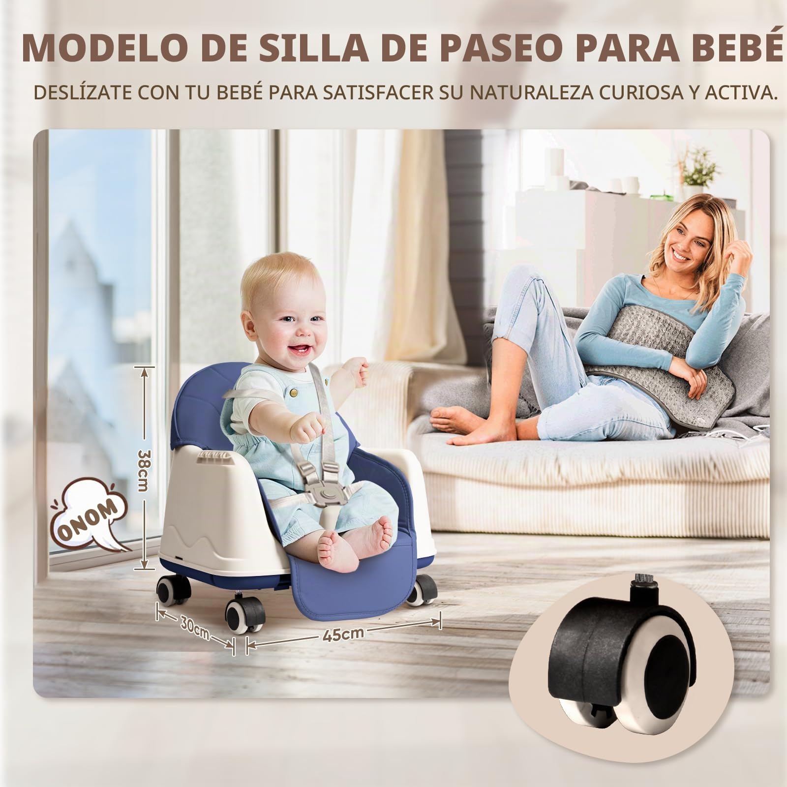 Trona plegable 4en1, Reclinable y regulable en altura, con bandeja extraíble y ruedas, Trona ajustable con cinturón de 5 puntos, Azul