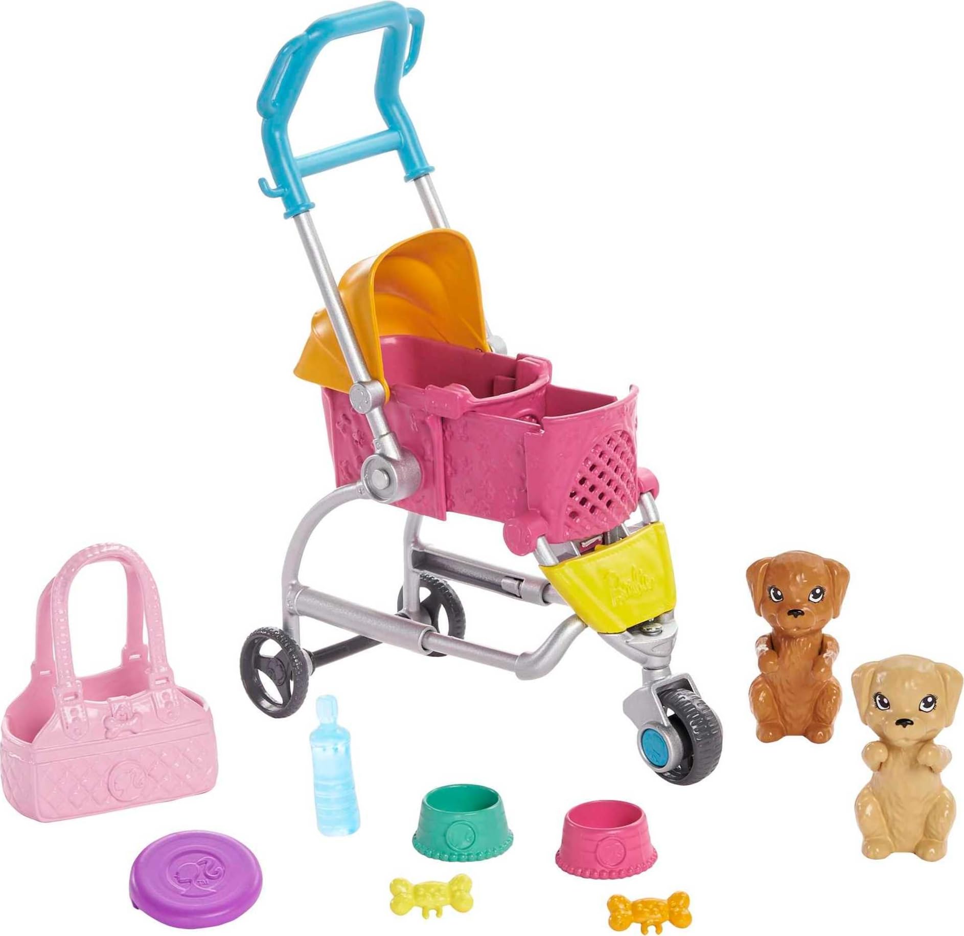 Barbie GHV92 - Hundebuggy Spielset mit Blonder Puppe (ca. 30 cm), 2 Hündchen, einem Buggy für die Hündchen und Zubehör, Spielzeug Geschenk für Kinder von 3 bis 7 Jahren
