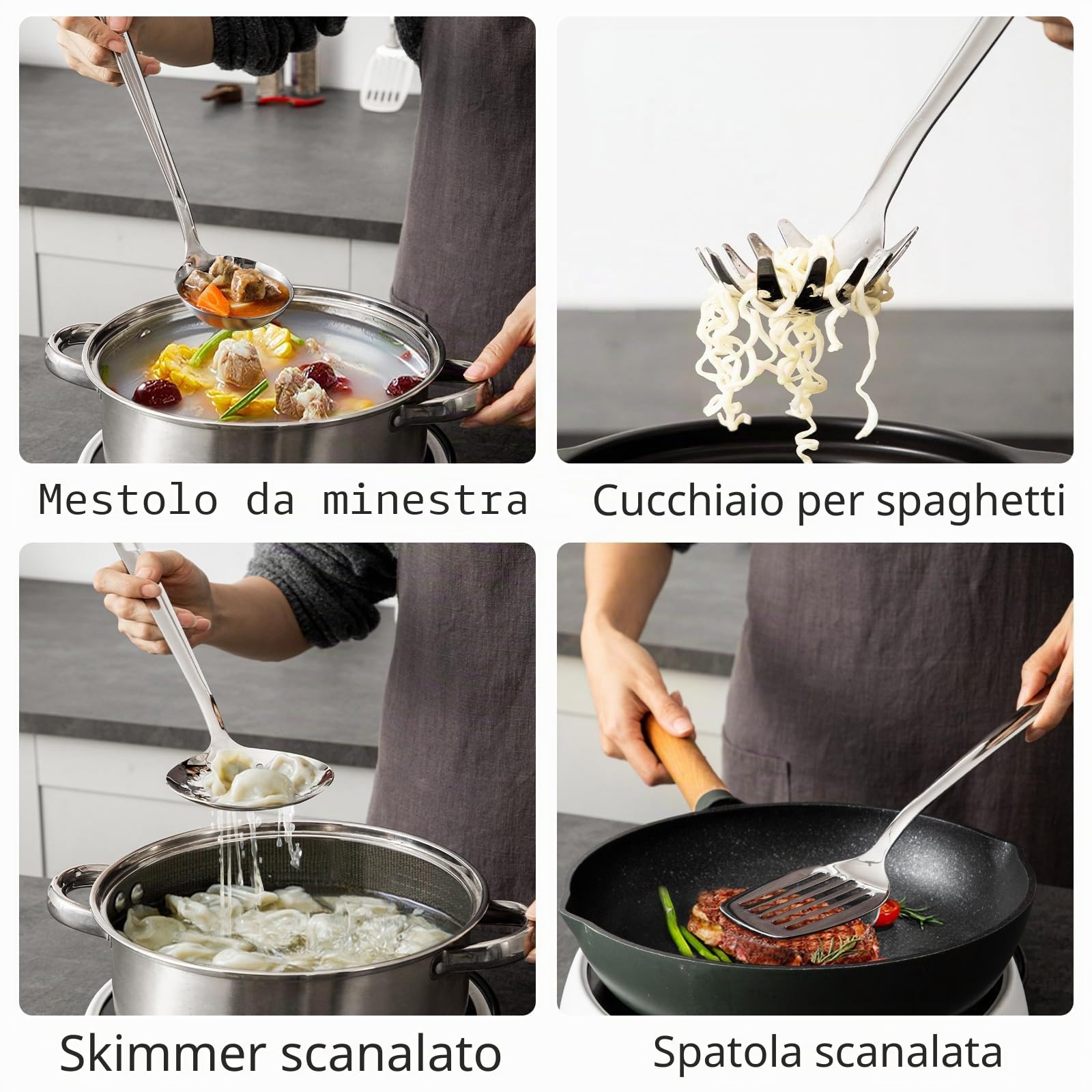 Set di 8 utensili da cucina, in acciaio inox 18/8, set di utensili da cucina, cucchiaio in schiuma durevole, mestolo per cucina (lavabile in lavastoviglie)