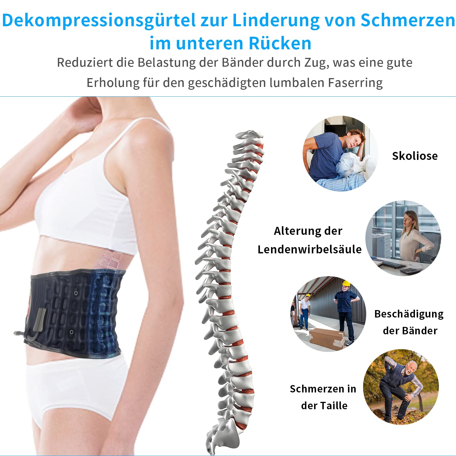 Dekompressions-Rückengürtel – Lendenwirbelstützgürtel für Männer und Frauen, Schmerzlinderung im unteren Rücken, Rückentraktionsgerät, passend für Taillenumfang 74-124 cm (Blau)