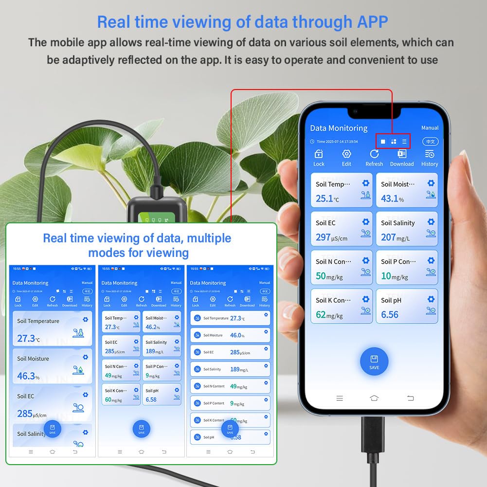 Probador de suelo USB 8 en 1, sensor de suelo, medidor digital de prueba de suelos con análisis de nutrientes NPK de humedad de temperatura de pH