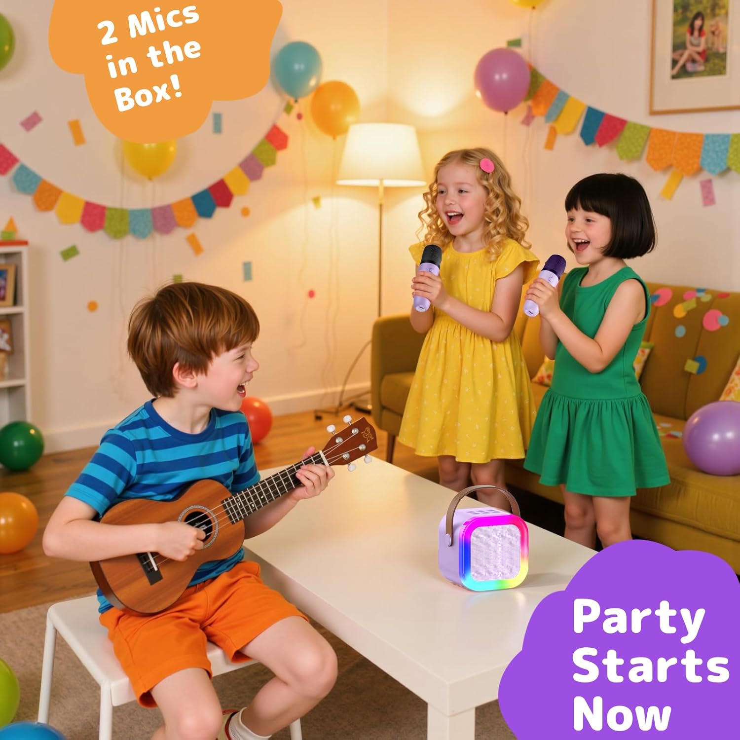 Fede Karaoke Machine for Kids Adults, Mini Karaoke Machine with 2 Wireless Microphones, Portable Bluetooth Speaker with Voice Changing Effects & LED Lights, Best Gifts Toys for Girls and Boys - Image 3