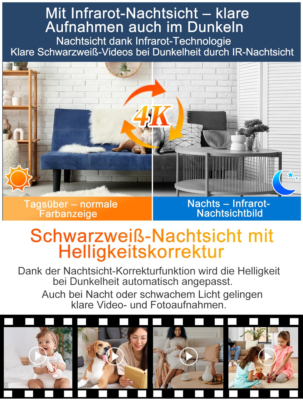 QZT Cámara de vigilancia WiFi 1080P Full HD con aplicación, visión nocturna, detección de movimiento, grabación en bucle, vídeo en vivo, inalámbrico, cámara interior y exterior, ideal para casa