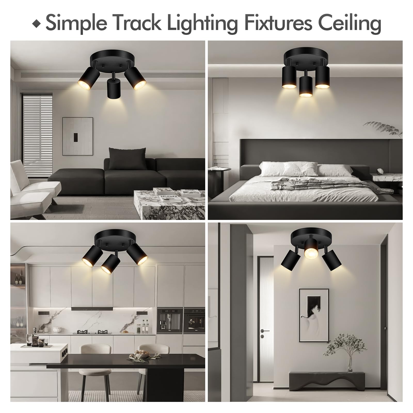 3 luces de riel de iluminación de techo, foco de techo direccional redondo negro mate, GU10 de montaje empotrado para techo/pared, luz LED moderna ajustable para cocina/sala de estar, sin bombilla 6