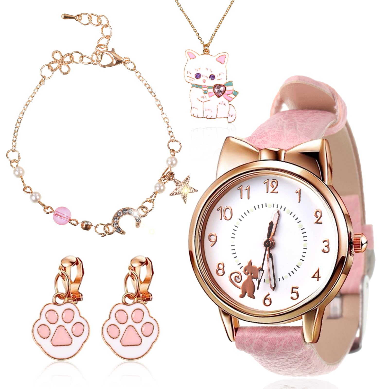 WUIOWPPIC4 Pcs Children's Watch and Silver Plated Jewelry Set Include Kids Cat Design Watches with Pu Strap, Cute Cat Necklace, Cartoon Cat Ear Clip for Kids Girls Birthday Gift Girls Watches