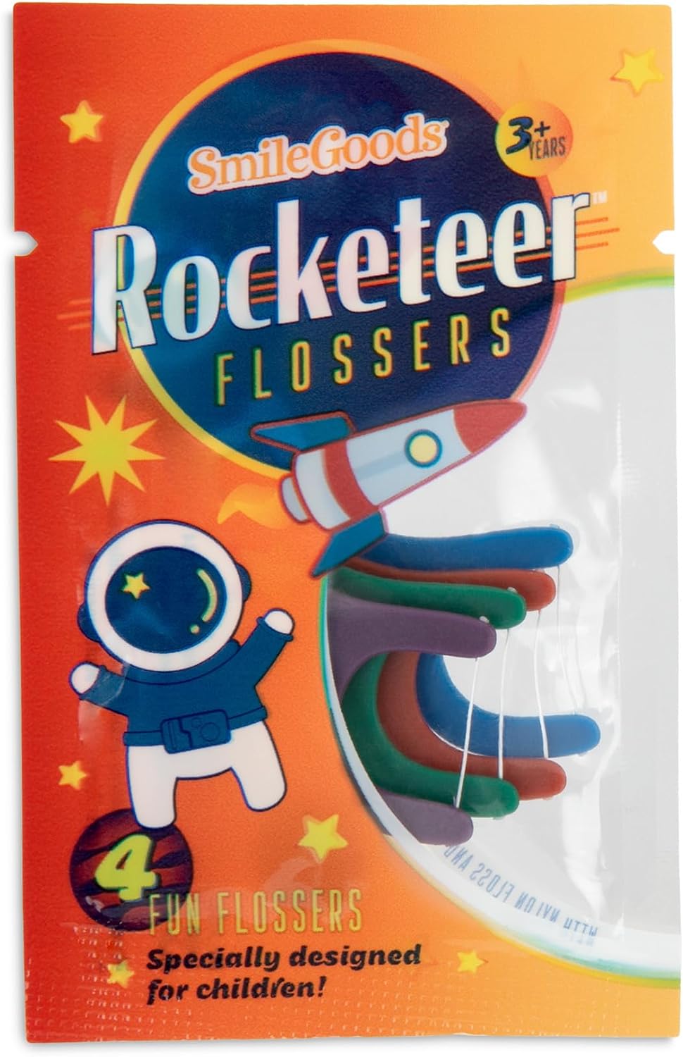 SmileGoods Rocketeer Flossers Trial Packs, Astronaut Space Themed Design, Dental Floss Picks for Children, 4 Flossers Per Pack, 144 Packs Per Box