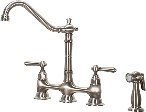 EZ-FLO Canterbury Bridge - Grifo de cocina con 2 asas y rociador lateral, función de 4 agujeros, níquel cepillado, 10652