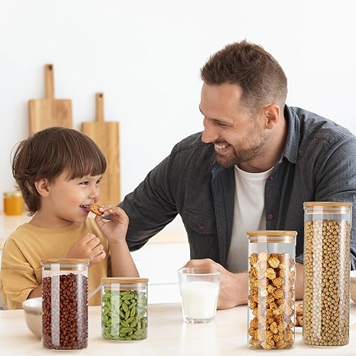 Miniatura 8 de Tarros de almacenamiento de vidrio con tapas de madera, 4 tamaños, recipientes de almacenamiento de alimentos, recipientes transparentes apilables y