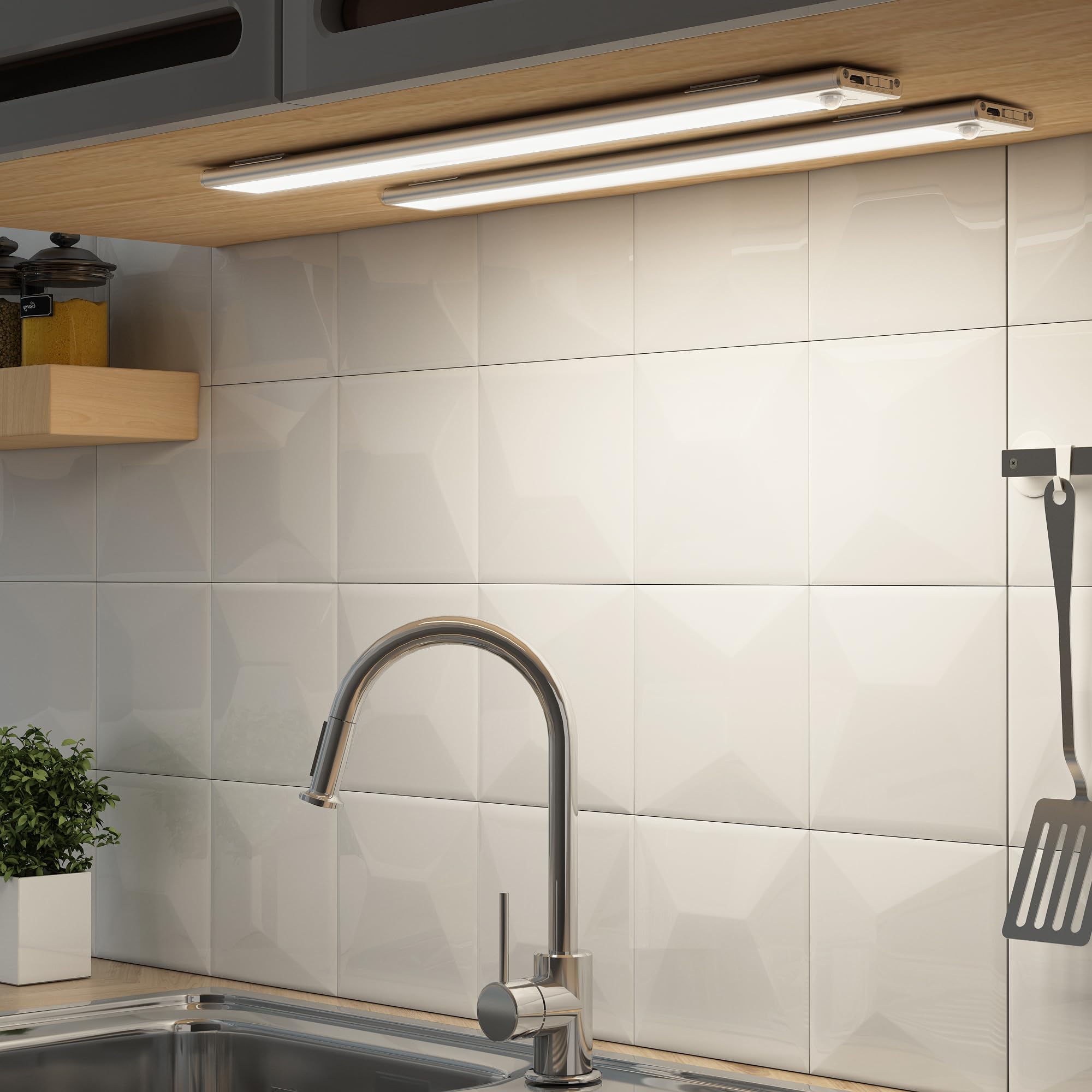 2pcs 40cm Luce LED Sottopensile Sensore Movimento,Barra LED Sottopensile Ricaricabile 3000mAh 3Modalità ON/AUTO1/AUTO2 Striscia Dimmerabile 3 Colori Funzione Memoria per Cucina,Armadio