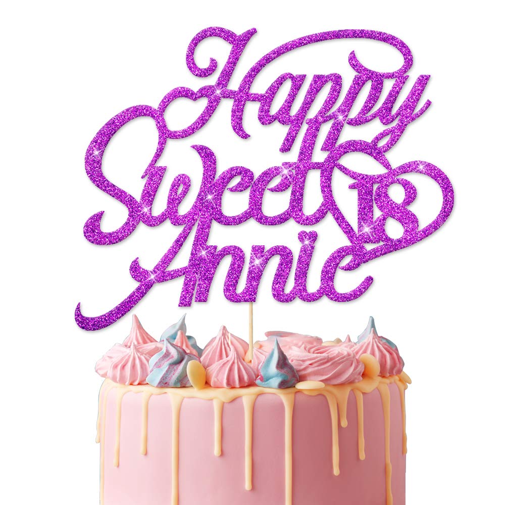 EDSG Personalised Sweet 16th Birthday | Customized with Any Age Any Name 12 16 18 21 30 Birthday Decor Cake Topper | Double Sided Glitter Birthday Cake Topper for Kids Hand Finished in UK(Purple)