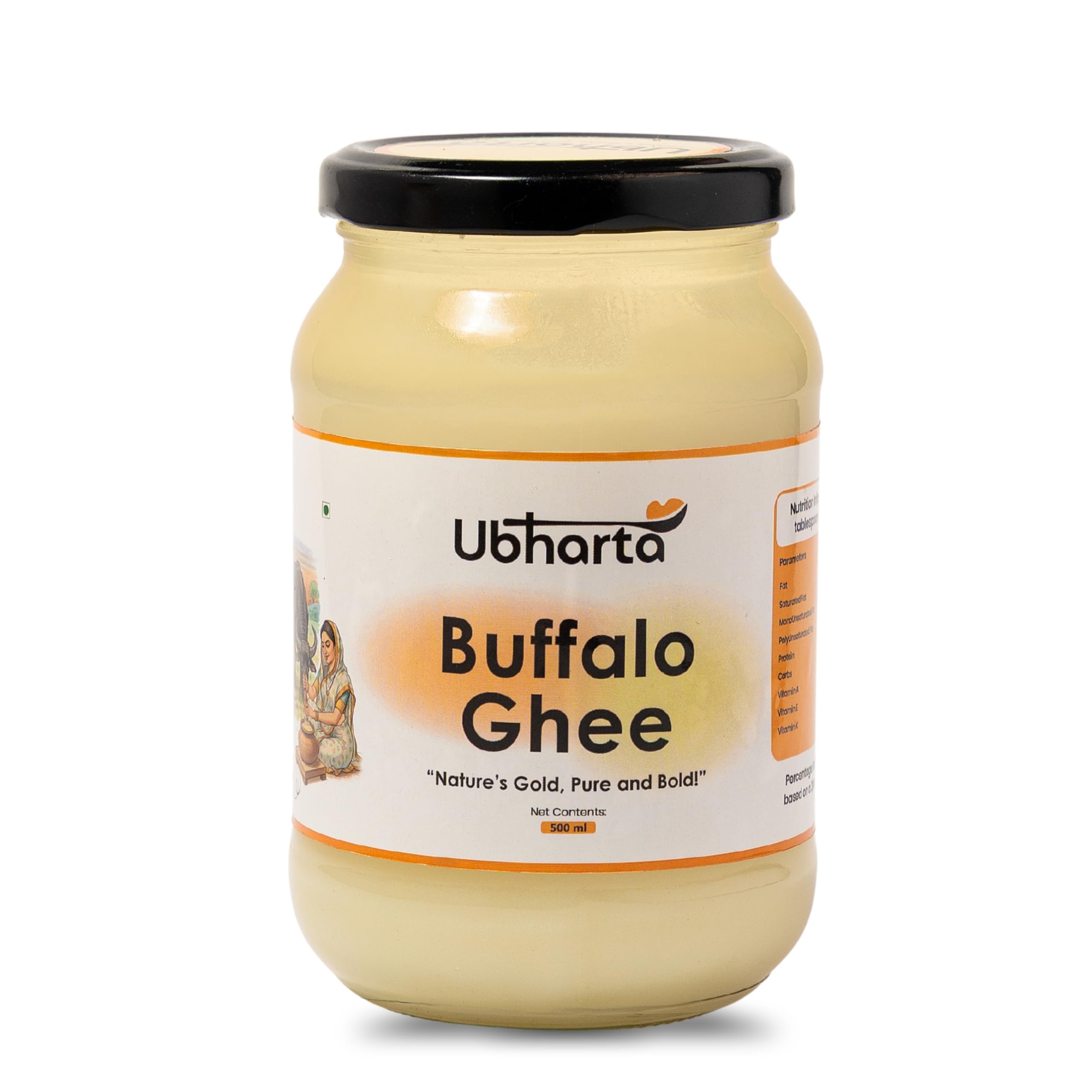 Ubharta Buffalo A2 Desi Ghee Traditional Bilona Method Pure Natural and Healthy Cooking Ghee Curd-Churned & Firewood-Cooked,Grass-Fed,Rich Aroma,Desi Buffalo Ghee (500 Ml)